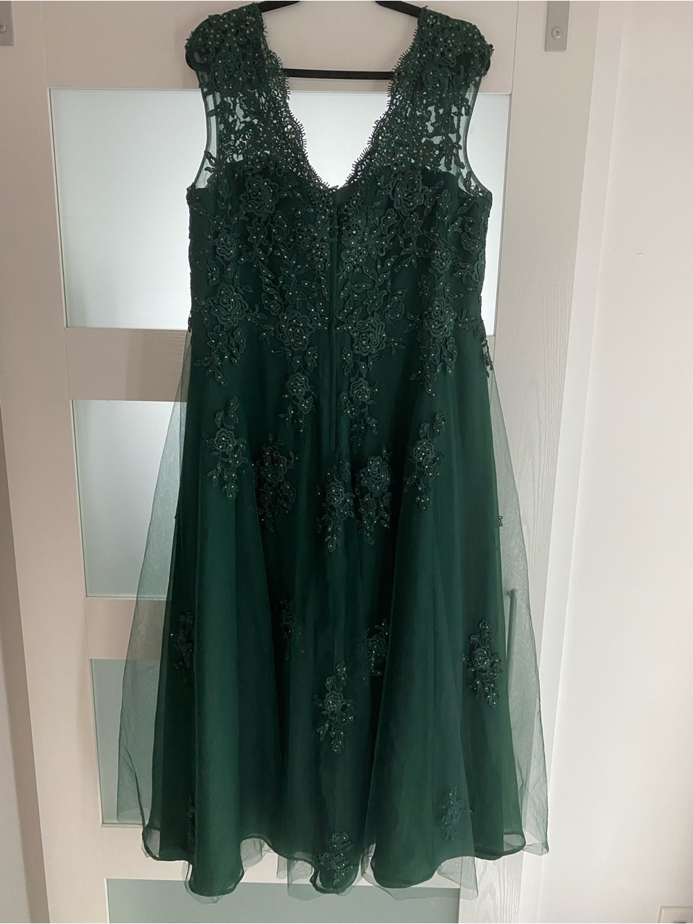 La Femme Deep Green Beaded Lace Midi Dress